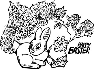 Easter bunny with basket, eggs, flowers, butterfly. Decorative vector design composition for poster print, greeting card, kids party invitation. Hand drawn illustration. Vintage cartoon style drawing.