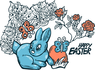 Easter bunny with basket, eggs, flowers, butterfly. Decorative vector design composition for poster print, greeting card, kids party invitation. Hand drawn illustration. Vintage cartoon style drawing.