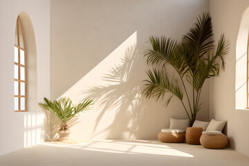  white room with  empty wall with Palm trees on the two side and sunlight from the window  ,sofa ,pillows , mockup , empty space