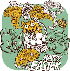 Easter bunny with basket, eggs, flowers, butterfly. Decorative vector design composition for poster print, greeting card, kids party invitation. Hand drawn illustration. Vintage cartoon style drawing.
