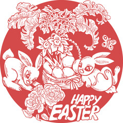 Easter bunny with basket, eggs, flowers, butterfly. Decorative vector design composition for poster print, greeting card, kids party invitation. Hand drawn illustration. Vintage cartoon style drawing.