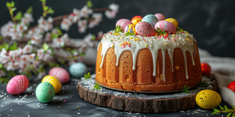 Traditional Easter cake adorned with colorful icing and sprinkles, surrounded by pastel eggs and...