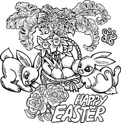 Easter bunny with basket, eggs, flowers, butterfly. Decorative vector design composition for poster print, greeting card, kids party invitation. Hand drawn illustration. Vintage cartoon style drawing.