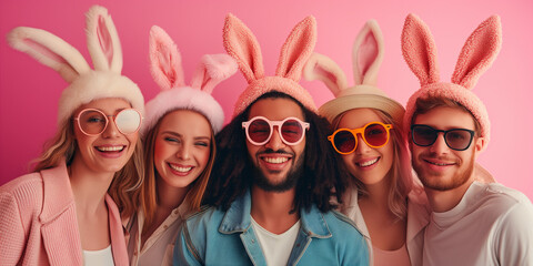 Young modern people celebrate Easterю Joyful Friends in Bunny Ears Celebrating Easter Together - obrazy, fototapety, plakaty