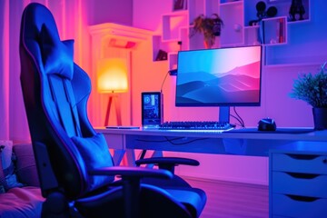 Modern computer desk and comfortable gamer chair in neon light. 