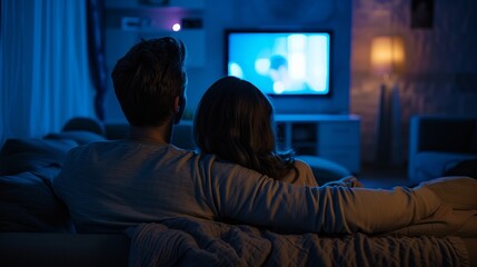 Couple watching movie on sofa at night, back view. - obrazy, fototapety, plakaty
