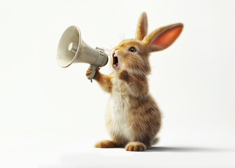 A crazy, cute easter bunny with a megaphone. Promotion, action, holiday, ad, job questions. Vacancy. Business discount concept, communication, information, news, team media relations. - obrazy, fototapety, plakaty