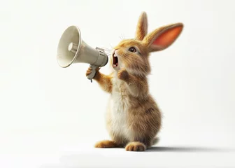 Tuinposter A crazy, cute easter bunny with a megaphone. Promotion, action, holiday, ad, job questions. Vacancy. Business discount concept, communication, information, news, team media relations. © Igor Link