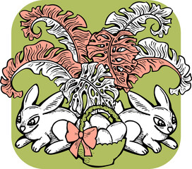 Easter bunny with basket, eggs, flowers, butterfly. Decorative vector design composition for poster print, greeting card, kids party invitation. Hand drawn illustration. Vintage cartoon style drawing.