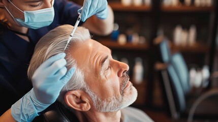Senior man with hair loss problem receiving injection in salon  - obrazy, fototapety, plakaty