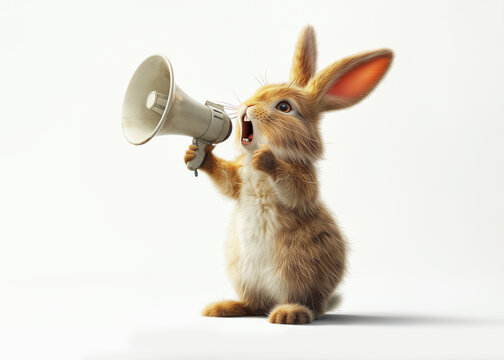 A crazy, cute easter bunny with a megaphone. Promotion, action, holiday, ad, job questions. Vacancy. Business discount concept, communication, information, news, team media relations.