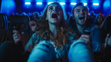 Young scared couple at the cinema watching an horror movie and screaming, she is holding her boyfriend's hand  - obrazy, fototapety, plakaty