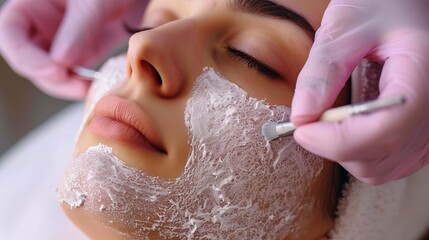 Young woman during face peeling procedure in salon 