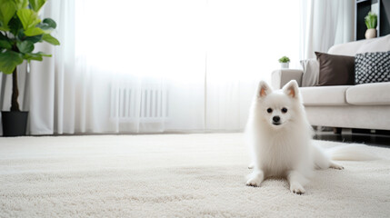fluffy white domestic dog, spitz lies on the carpet in a modern stylish living room, pet, space for text, scandinavian interior, apartment, cozy home, canine, wool, breed, real estate - obrazy, fototapety, plakaty