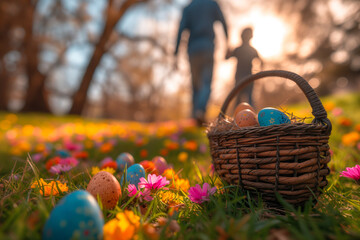 Easter egg hunt activity, father and son as a family in the search for colorful eggs during Holy Week under the sunrise sunlight