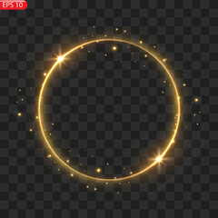 Gold circles frame with glitter light effect. A golden flash flies in a circle in a luminous ring.