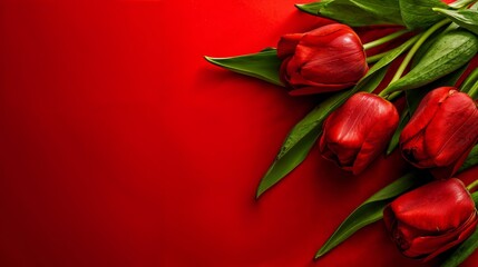 Red roses on red background with empty space for text for Valentines Day