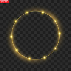 Gold circles frame with glitter light effect. A golden flash flies in a circle in a luminous ring.