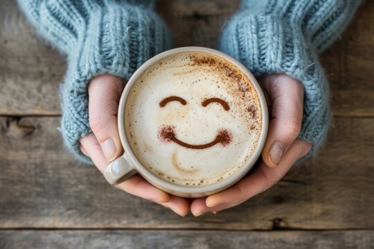 Woman hands holding coffee cup with happy face drawn on coffee. 
