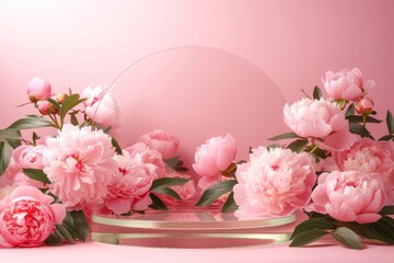 Pink podium platform with flower stand for beauty product presentation background.