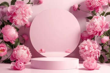 Pink podium platform with flower stand for beauty product presentation background.