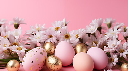 Fototapeta premium White and gold Easter eggs on a pink background surrounded with spring flowers