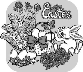 Easter bunny with basket, eggs, flowers, butterfly. Decorative vector design composition for poster print, greeting card, kids party invitation. Hand drawn illustration. Vintage cartoon style drawing.