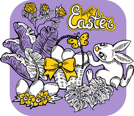 Easter bunny with basket, eggs, flowers, butterfly. Decorative vector design composition for poster print, greeting card, kids party invitation. Hand drawn illustration. Vintage cartoon style drawing.