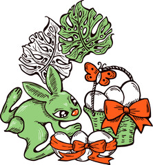 Easter bunny with basket, eggs, flowers, butterfly. Decorative vector design composition for poster print, greeting card, kids party invitation. Hand drawn illustration. Vintage cartoon style drawing.