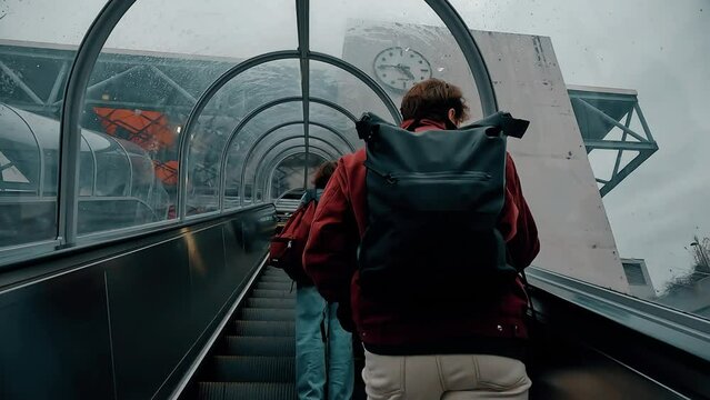 Unknown man and woman travel on escalator to a railway terminal on a rainy day in France