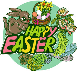 Easter bunny with basket, eggs, flowers, butterfly. Decorative vector design composition for poster print, greeting card, kids party invitation. Hand drawn illustration. Vintage cartoon style drawing.