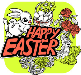 Easter bunny with basket, eggs, flowers, butterfly. Decorative vector design composition for poster print, greeting card, kids party invitation. Hand drawn illustration. Vintage cartoon style drawing.