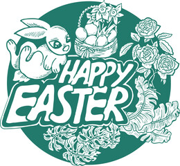 Easter bunny with basket, eggs, flowers, butterfly. Decorative vector design composition for poster print, greeting card, kids party invitation. Hand drawn illustration. Vintage cartoon style drawing.