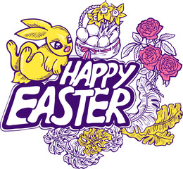 Easter bunny with basket, eggs, flowers, butterfly. Decorative vector design composition for poster print, greeting card, kids party invitation. Hand drawn illustration. Vintage cartoon style drawing.