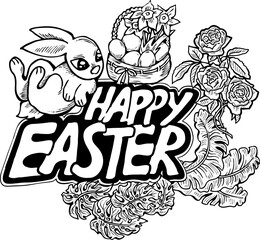 Easter bunny with basket, eggs, flowers, butterfly. Decorative vector design composition for poster print, greeting card, kids party invitation. Hand drawn illustration. Vintage cartoon style drawing.