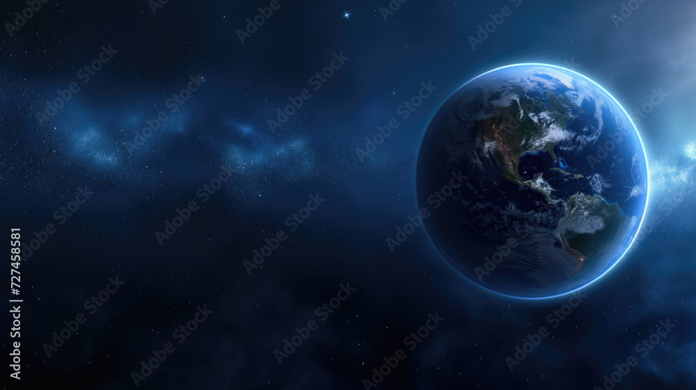 Wall mural planet earth on the edge of infinite universe and galaxy nebula with starry cosmos. universe science