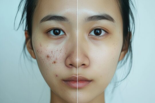 Closeup skin face texture before and after facial treatment problem of spot acne blackheads on forehead young Asian woman background . Problem skincare and beauty concept.
