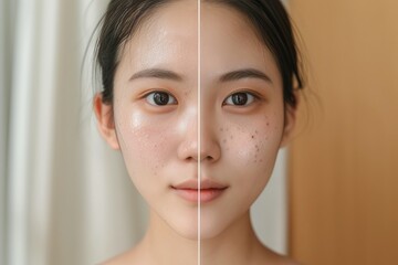 Closeup skin face texture before and after facial treatment problem of spot acne blackheads on forehead young Asian woman background . Problem skincare and beauty concept.
 - obrazy, fototapety, plakaty