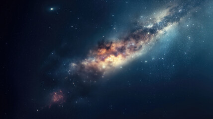Big milky way in the center of the galaxy in space with many stars and bright nebula. Universe...