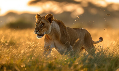 Majestic Lioness Roaming the African Savannah: Witness the Untamed Beauty of Nature's Predators - obrazy, fototapety, plakaty