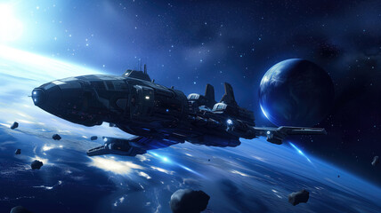 Dark blue universe and galaxy ship flying across space dust near the surface of the huge planet. Universe fantasy astronomy space background wallpaper