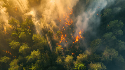 Top view of huge forest fire and dense smoke, top aerial view from the plane. The flames burning...