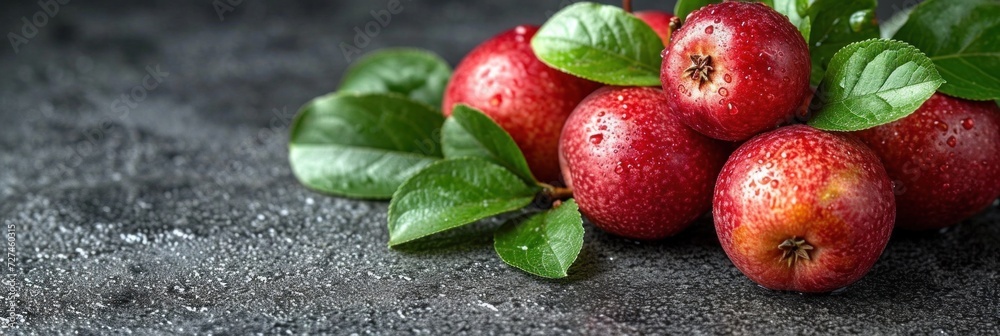 Poster a bunch of apples with green leaves on a gray surface, ai