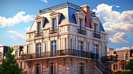 Mansard roofs french architectural style with steep slopes solid color background - obrazy, fototapety, plakaty