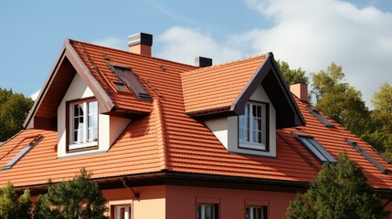 Fototapeta na wymiar Mansard roofs steep sloping roof with dormer windows solid color background
