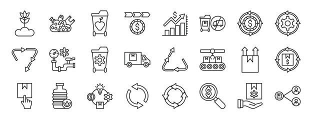 Fototapeta na wymiar set of 24 outline web economy icons such as ecode, landfill, food waste, , sales, ban, circular economy vector icons for report, presentation, diagram, web design, mobile app