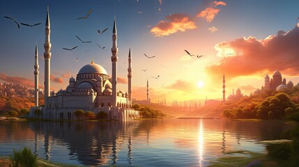 Fototapeta premium landscape with mosque against a sunset sky