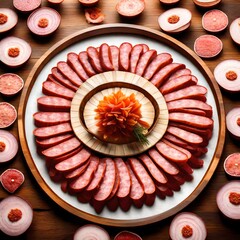 A beautifully arranged platter of thinly sliced sausage, laid out in concentric circles to mimic the petals of a flower