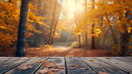 Naklejka na ściany i meble Wooden tabletop with scattered leaves, overlooking sunlit autumn forest with golden foliage, wooden table mockup