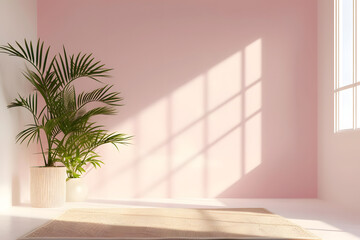 Fototapeta na wymiar yoga mat and plant for a pink room with pink walls and wooden floors